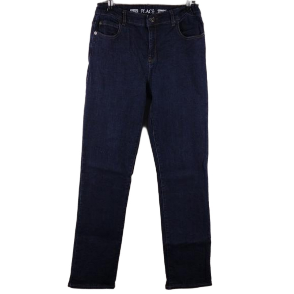 Place Extensible Blue Dark Wash Mid Rise Adjustable Waistband Straight Leg Jean